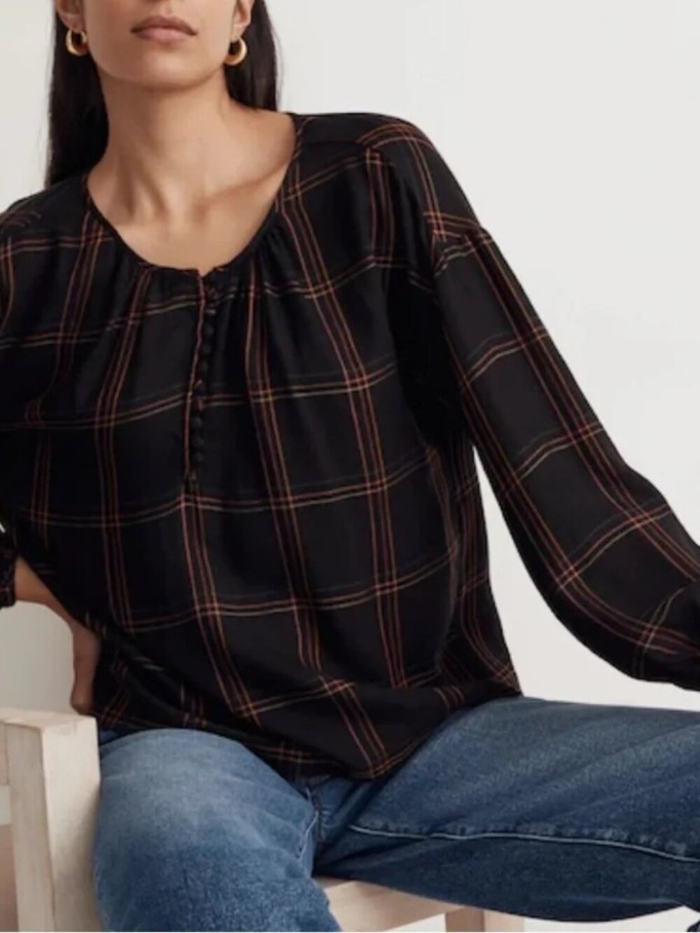 MADEWELL | Shirred Peasant Top in Windowpane in XS